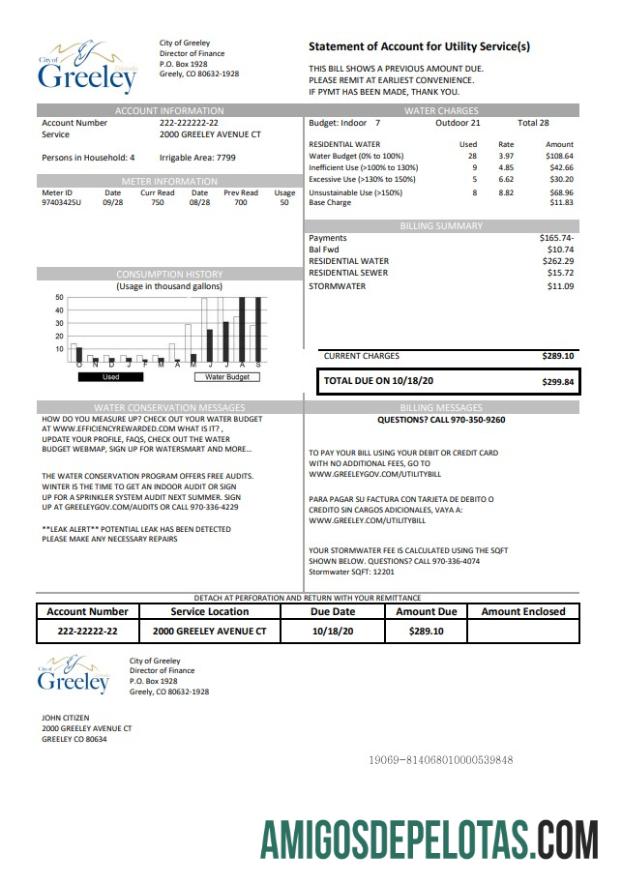 Em branco modelo de conta de serviços públicos de água, EUA, Colorado, cidade de Greeley, em formato Word e PDF